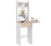 HOMCOM Petite Coiffeuse avec Miroir, éclairage LED réglable, Tablette Rabattable, étagères Ouvertes et tiroir, Table de Maquillage compacte pour Petits espaces, Chambre à Coucher, Blanc et Bois