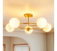 Plafonnier Design Néo-Rétro 5 Globes Verre Blanc Opaque Max. 20w Métal Doré