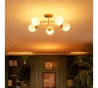 HOMCOM Plafonnier lustre moderne, luminaire plafonnier à 5 lumières avec culot G9, montage semi-affleurant, doré et blanc