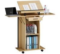 HOMCOM Podium avec roulettes, ailes latérales pliantes, support pour ordinateur portable, support inclinable avec tiroir, étagère pour église, conférence, salle de classe, chêne 126 x 37 x 136 cm