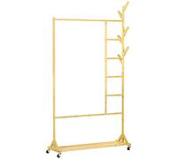 HOMCOM Portant à vêtements avec patère, rail de suspension, étagère, tringle à vêtements avec roulettes, cintre en bambou pour chambre à coucher, naturel
