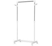 HOMCOM Portant à vêtements, Meuble Rangement Porte-manteau sur roulettes avec hauteur réglable, penderie vêtement en acier support à chaussures et crochets latéraux, 68,5 x 42 x 87-145 cm, blanc