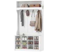 HOMCOM Porte-Manteau 4-en-1 avec Banc, Banc d'Entrée avec 12 Compartiments à Chaussures, 6 Crochets et Étagère Ouverte, Blanc