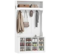 HOMCOM Porte-Manteau 4-en-1 avec Banc d'Entrée Style Rustique, 6 Crochets, 12 Compartiments à Chaussures et Étagère Ouverte, 100 x 35 x 172,2 cm, Blanc