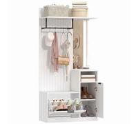 HOMCOM Porte-Manteau 6 en 1 Banc à Chaussures, Miroir, Blanc Effet Bois | Meuble d'Entrée, Vestiaire Moderne avec Tiroir Basculant, Étagères Réglables, 4 Crochets, pour Couloir, Entrée, 80x36x168cm