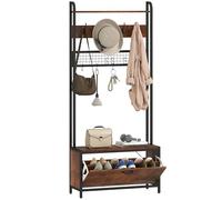 HOMCOM Porte-manteau avec banc de rangement pour chaussures et panneau grillagé, arbre d'entrée, porte-manteau industriel 5-en-1 avec armoire à chaussures et 10 crochets pour le couloir, l'entrée, le