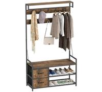 HOMCOM Porte-manteau avec banc, porte-vêtements avec 10 crochets réglables, étagère à chaussures, tiroir, cadre en métal, design industriel pour couloir, salon, chambre à coucher, marron rustique