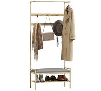 HOMCOM Porte-manteau avec étagère à chaussures en bambou, meuble d'entrée avec banc,10 crochets, tringle à vêtements, coussin rembourré, vestiaire pour entrée, couloir, salon, 73,5x34x171 cm, naturel