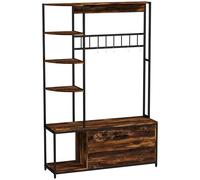 HOMCOM Porte-manteau avec étagère à chaussures, meuble d'entrée avec banc 4 en 1 industriel, 10 crochets, 3 étagères, armoire à chaussures rabattable 2 niveaux - vestiaire pour entrée, couloir, marron