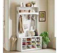 HOMCOM Porte-manteau avec étagère, banc, crochets, compartiments à chaussures, panneaux de particules, MDF, Blanc