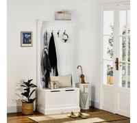 HOMCOM Porte-Manteau d'Entrée Moderne 3 en 1 avec 4 Crochets, Banc de Rangement et Porte-Manteau, Meuble d'Entrée Gain de Place, Couloir, Chambre en Bois, 71,5x39,5x170 cm, Blanc