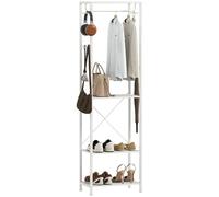 HOMCOM Porte-manteau, portant à vêtements, meuble d'entrée avec tringle de suspension, 4 crochets, étagères à chaussures à 2 niveaux et étagère de rangement ouverte, 52 x 30 x 180 cm, blanc