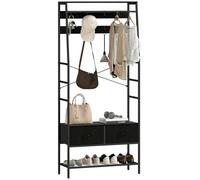 HOMCOM Porte-manteau, portant à vêtements, meuble d'entrée industrieavec 2 tiroirs en tissu, étagère, 8 crochets et cadre en acier - vestiaire pour entrée, chambre, couloir, 80 x 30 x 180,5 cm, noir