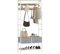 HOMCOM Porte-manteau Porte-chaussures avec 8 crochets 2 tiroirs Barre à linge Style industriel Étagère en maille pour entrée Chambre à coucher Salon 80x30x180,5 cm Naturel