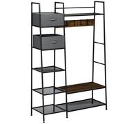 HOMCOM Porte-manteau vestiaire meuble d'entrée style industriel avec banc à chaussures, étagères, 5 crochets amovibles et 2 tiroirs en tissu, 125 x 43 x 185,5 cm, en acier et bois gris, brun rustique