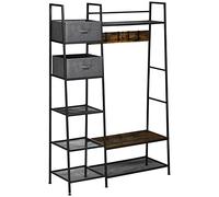 HOMCOM Porte-manteau vestiaire meuble d'entrée style industriel avec banc à chaussures, étagères, 5 crochets détachables et 2 paniers en tissu, acier et bois, 125 x 43 x 185,5 cm gris brun rustique
