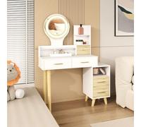 HOMCOM Porte-maquillage avec miroir et lumières LED Table de maquillage avec éclairage réglable 5 tiroirs et 4 compartiments pour chambre à coucher salon blanc