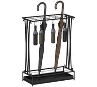 HOMCOM Porte-parapluies acier Porte-parapluies rectangulaire avec 24 crochets, 21 trous, bac de récupération d'eau amovible pour cannes & parapluies 50 x 24 x 68 cm Noir