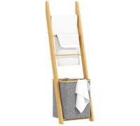 HOMCOM Porte-Serviettes Bambou avec Panier à Linge, 43 x 35 x 133 cm Gris | Échelle Porte-Serviettes avec 1 Panier à Linge, pour Salon, Chambre à Coucher, Buanderie