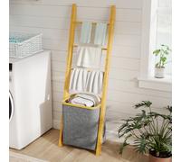HOMCOM Porte-serviettes bambou avec panier à linge, échelle porte-serviettes avec 1 panier à linge, 43 x 35 x 133 cm, gris