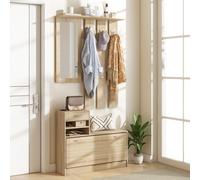 HOMCOM Portemanteau 3 en 1 avec Porte-Chaussures et Miroir, Crochets et Tiroirs, en Bois, 90x24x177 cm, couleur Chêne