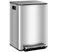 HOMCOM Poubelle à double compartiment 2 x 20L, poubelle de cuisine à pédale tri sélectif en acier inoxydable, seaux intérieurs, couvercle à fermeture douce et maintien en ouverture, poignées, argent