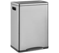 HOMCOM Poubelle à pédale, 40 l, avec couvercle et pédale, 2 seaux intérieurs, fonction Soft-Close, pour salon, bureau, acier inoxydable, argent, 40 x 34,8 x 59 cm