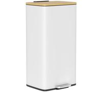 HOMCOM Poubelle de Cuisine 20L Pédale 29,5x29,5x56,8cm Blanc et Naturel | Couvercle en Bambou à Fermeture Douce, Seau Intérieur Amovible, Résistante aux Empreintes, Sans Assemblage