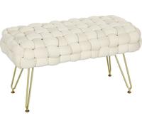 HOMCOM Pouf, banc rembourré avec aspect velours, repose-pieds avec assise rembourrée, pieds métalliques, repose-pieds, pour salon, chambre à coucher, 76 x 38 x 41,5 cm, blanc crème