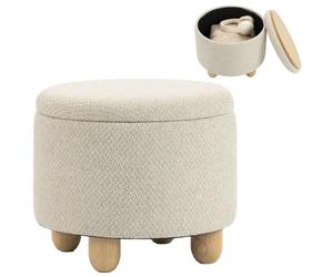 HOMCOM Pouf Coffre de Rangement Rond en Toile de Jute Ø38,5x33,5 cm Beige | Repose-Pieds avec Couvercle, Pieds Bois Hévéa, Tabouret de Rangement, Chambre Couloir Salon