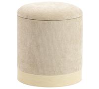 HOMCOM Pouf coffre rangement, tabouret rond en chenille, pouf repose-pieds avec base en métal effet bois, beige