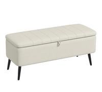 HOMCOM Pouf de Rangement, Couvercle Rabattable, Pieds Acier, Blanc crème | Banc rembourré rectangulaire, repose-pieds en lin, utilisation salon