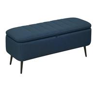HOMCOM Pouf de rangement rectangulaire avec dessus rabattable, banc rembourré en tissu toucher lin, pieds en acier pour salon, chambre à coucher, bleu foncé