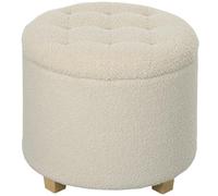HOMCOM Pouf de rangement rond de 45 cm, repose-pieds en polaire avec couvercle amovible et pieds en bois, tabouret de coiffeuse touffeté à boutons pour salon, chambre à coucher, couloir, blanc crème