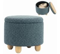 HOMCOM Pouf de rangement rond en toile de jute avec couvercle, pieds en bois d'hévéa, repose-pieds pour chambre à coucher, couloir, salon, 38,5 x 38,5 cm, bleu foncé