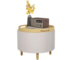 HOMCOM Pouf Ottomane avec espace de rangement Pouf rond rembourré avec couvercle rabattable, pieds en bois, moderne, pour salon, chambre à coucher, blanc, Ø56 x 42 cm