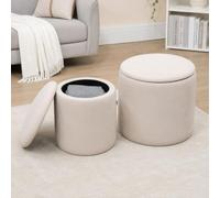 HomCom – Poufs coffres lot de 2, repose-pieds en tissu aspect velours côtelé Ø40 & Ø30 cm, crème