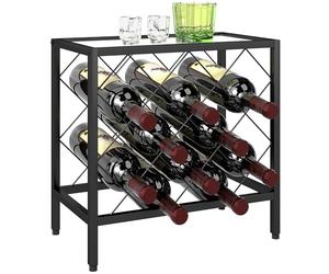 HOMCOM Rack à vin pour 10 bouteilles avec étagère en verre trempé, Rack de cave à vin en acier, pour la cuisine, le garde-manger, la cave et le bar, 41x22x41 cm, noir