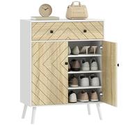 HOMCOM Rangement de Chaussures avec 2 Portes à Chevrons, Rangement de Chaussures d'entrée avec étagères réglables, tiroir, pour 12 Paires de Chaussures, 75x35x97 cm, Blanc et Naturel