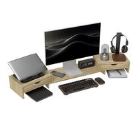 HOMCOM Rehausseur écran PC bureau support d'écran d'ordinateur de 60-116 cm support moniteur avec 2 tiroirs, longueur et angle réglables, pour ordinateur portable, PC, chêne