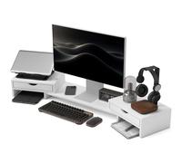 HOMCOM Rehausseur écran PC bureau support d'écran d'ordinateur de 60-116 cm support moniteur avec 2 tiroirs, longueur et angle réglables, pour ordinateur portable, PC, blanc