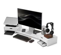 HOMCOM Rehausseur Écran PC Bureau Support Moniteur 60-116 cm pour PC Blanc | Support d'écran d'ordinateur, 2 Tiroirs, Longueur et Angle Réglables, pour Ordinateur Portable