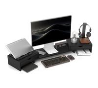HOMCOM Rehausseur Écran PC Bureau Support Moniteur 60-116 cm pour PC Noir | Support d'écran d'ordinateur, 2 Tiroirs, Longueur et Angle Réglables, pour Ordinateur Portable