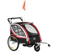 HOMCOM Remorque vélo pour Enfant 2 en 1 Convertible Jogger Poussette capacité 26,4 kg avec réflecteurs et Drapeau - 2 Places - Rouge