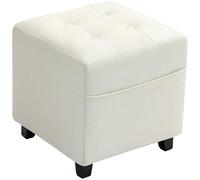 HOMCOM Repose Pied Salon, Ottoman, siège rembourré capitonné en Tissu Aspect Lin avec Poche latérale, Pouf Salon, Structure en Bois, pour Chambre à Coucher, entrée, 35 x 35 x 35 cm, crème