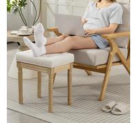 HOMCOM Repose pied salon, ottoman, siège rembourré en tissu aspect lin avec pieds en bois d'hévéa, 42 x 32 x 46,5 cm, beige