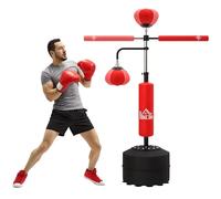 HOMCOM Sac de Frappe sur Pied 4 en 1, Punching Ball Autonome 2 balles de Vitesse Barre rotative 360° Gants Hauteur réglable, Sac de Boxe pour Adultes, pour Boxe Muay Thaï Taekwondo Karaté MMA, Rouge