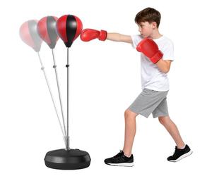 HOMCOM Sac de Frappe sur Pied Punching Ball sur Pied réglable en Hauteur 126-144 cm avec Gants, Pompe et Base de lestage pour Adolescents et débutants Noir et Rouge