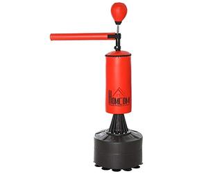 HOMCOM Sac de Frappe sur Pieds Punching Ball brunier 3 en 1 avec Ballon de Vitesse Bras Flexible Rotatif Hauteur réglable revêtement synthétique Base HDPE dim. 88L x 48l x 155-205H cm Noir Rouge
