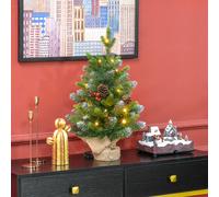 HOMCOM Sapin de Noël 60 cm arbre de Noël de table avec lumière LED, 141 pointes, pommes de pin et baies rouges, base en béton